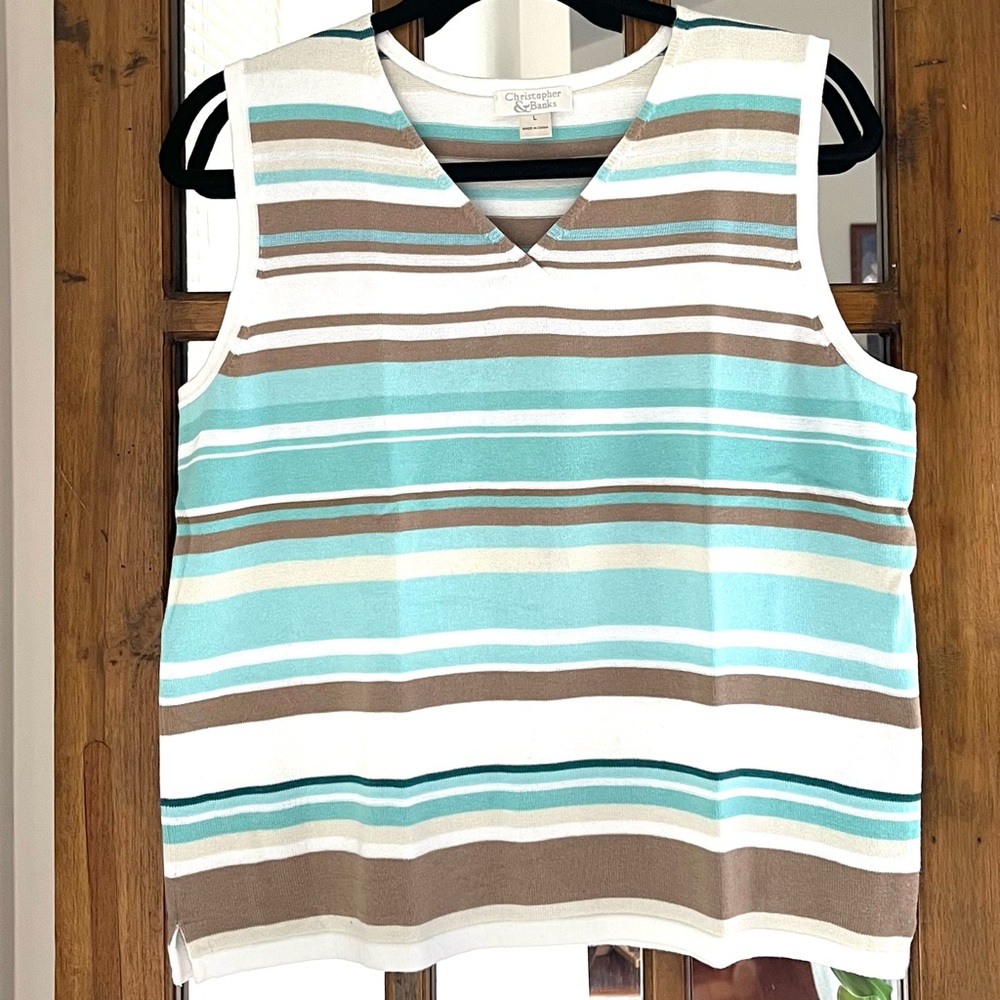 Christopher & Banks Blue/White/Tan Knit Stripped V-Neck Sleeveless Top/Vest US L